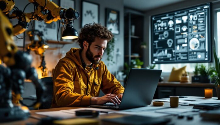 A photograph of a focused software engineer working remotely on a laptop