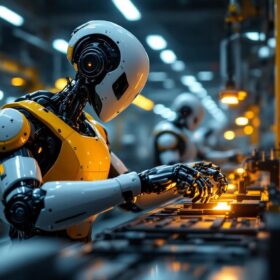 A photograph of a sleek industrial robot in action within a manufacturing setting