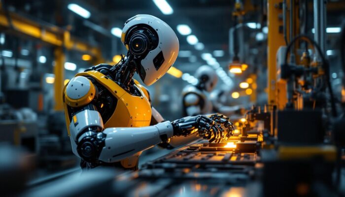 A photograph of a sleek industrial robot in action within a manufacturing setting