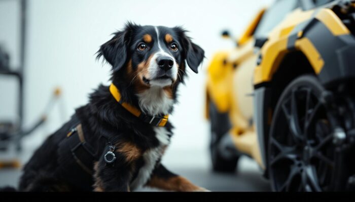 A photograph of a playful dog posing next to a car or automotive-themed props