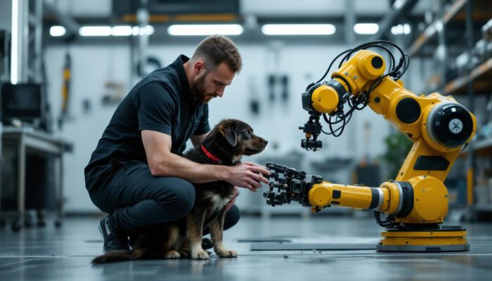A photograph of a skilled dog trainer working alongside an industrial robotic device in a training session