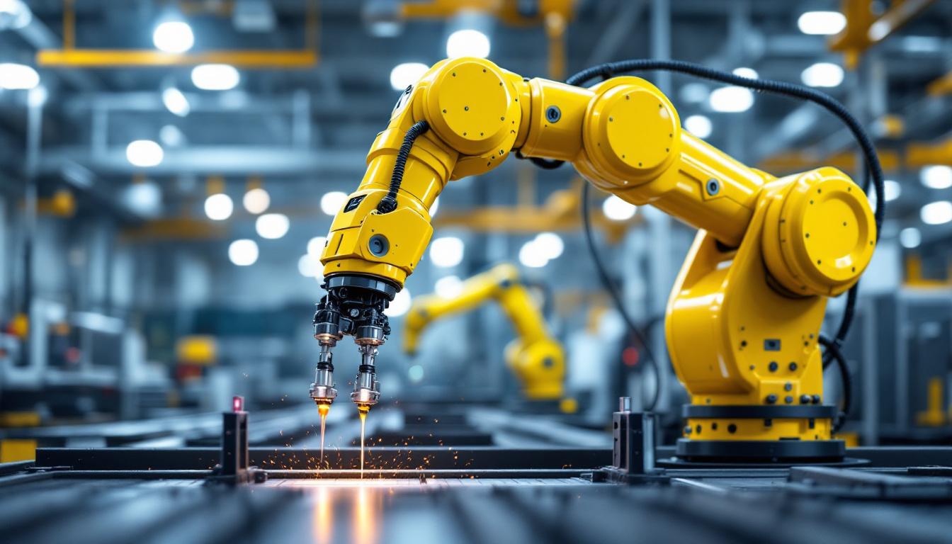 A photograph of a vibrant yellow industrial robotic arm in action