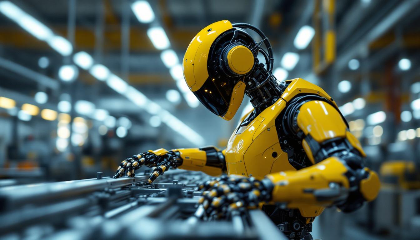 A photograph of a sleek industrial robot in action within a modern manufacturing environment