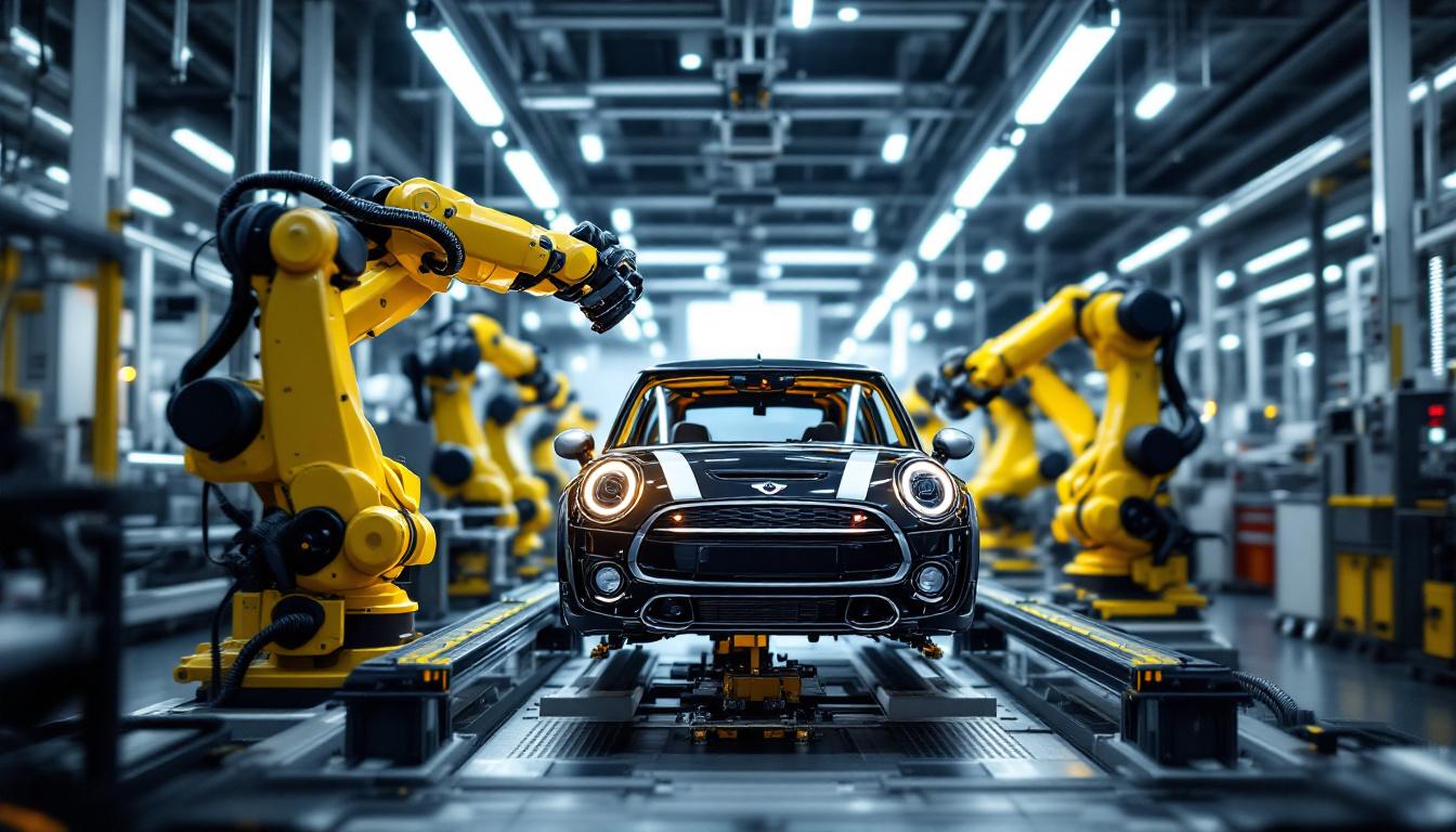 A photograph of a modern industrial robotics facility showcasing a mini being assembled by robotic arms
