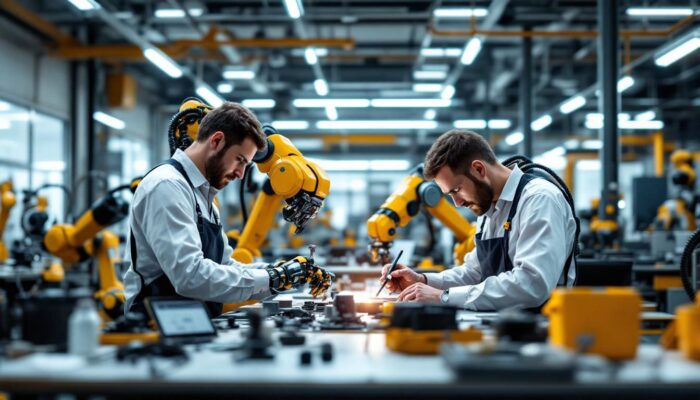 A photograph of a collaborative workspace where engineers and industrial robots are actively engaged in a project