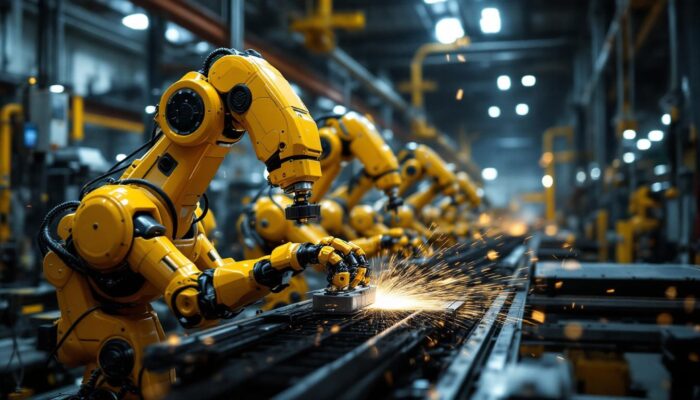 A photograph of a dynamic scene showcasing industrial robots in action within a manufacturing facility
