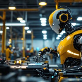 A photograph of a sleek industrial robot in action within a modern manufacturing facility