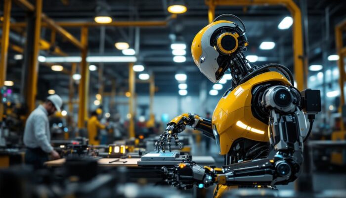 A photograph of a sleek industrial robot in action within a modern manufacturing facility