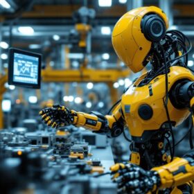 A photograph of a dynamic industrial robot in action within a manufacturing environment