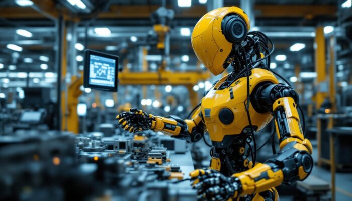 A photograph of a dynamic industrial robot in action within a manufacturing environment