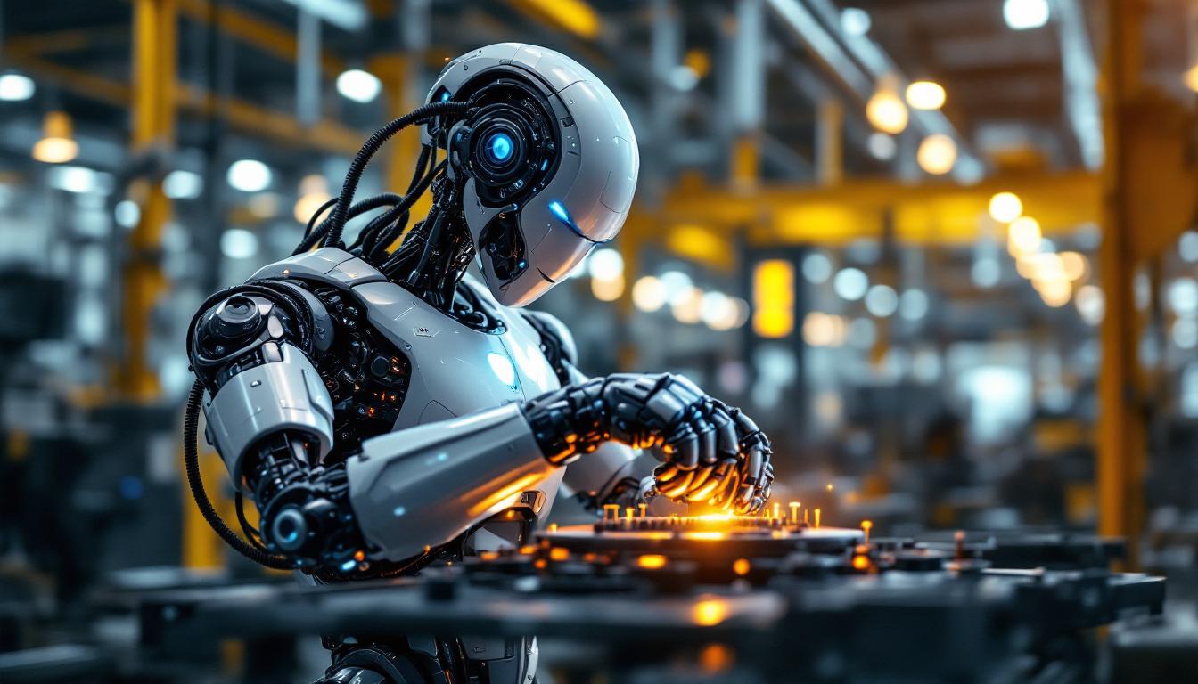 A photograph of a sleek industrial robot in action within a manufacturing environment