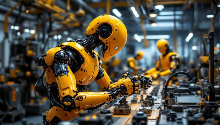 A photograph of a state-of-the-art industrial robot in action within a manufacturing facility