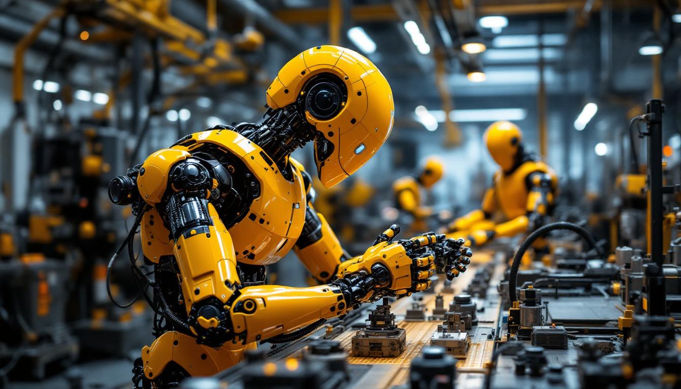 A photograph of a state-of-the-art industrial robot in action within a manufacturing facility