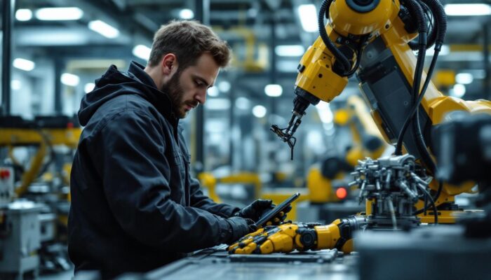 A photograph of a skilled npi engineer working closely with an industrial robot in a modern manufacturing environment