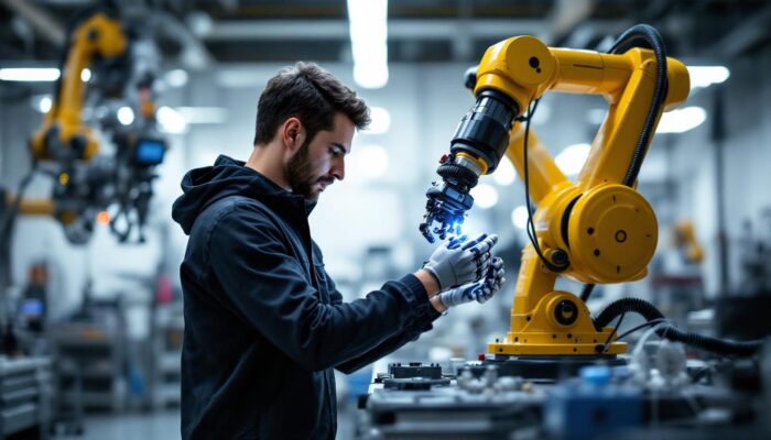 A photograph of a biomedical engineering intern working hands-on with an industrial robotic arm in a lab setting