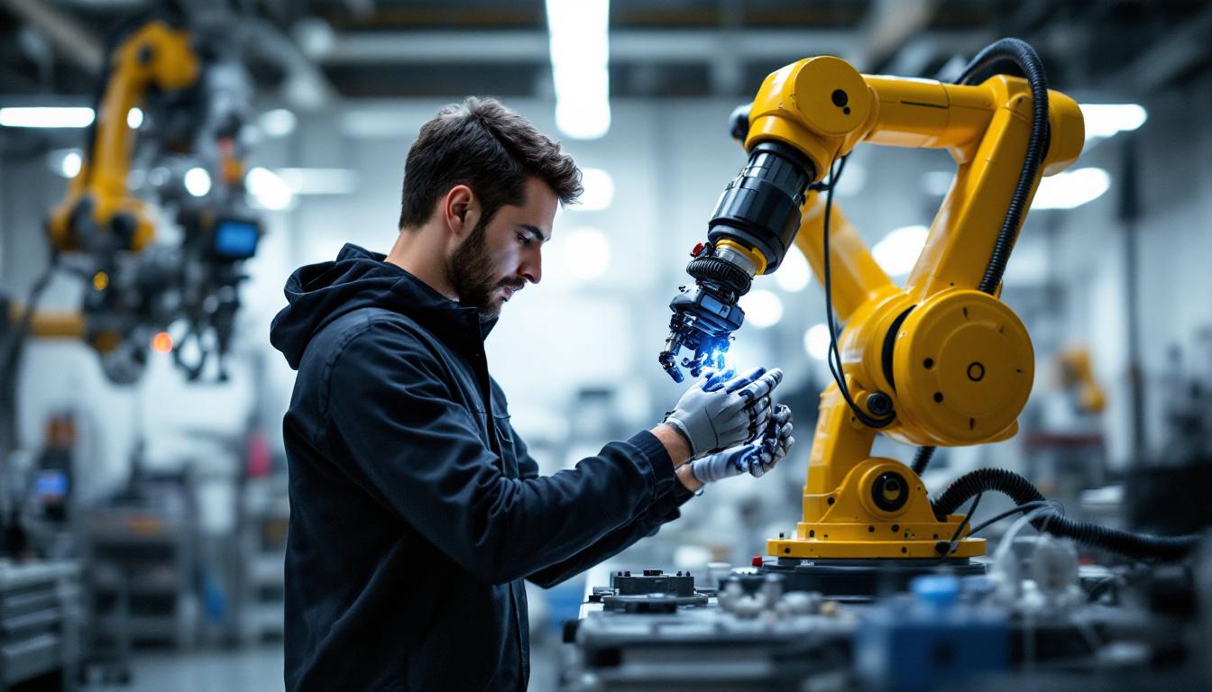 A photograph of a biomedical engineering intern working hands-on with an industrial robotic arm in a lab setting