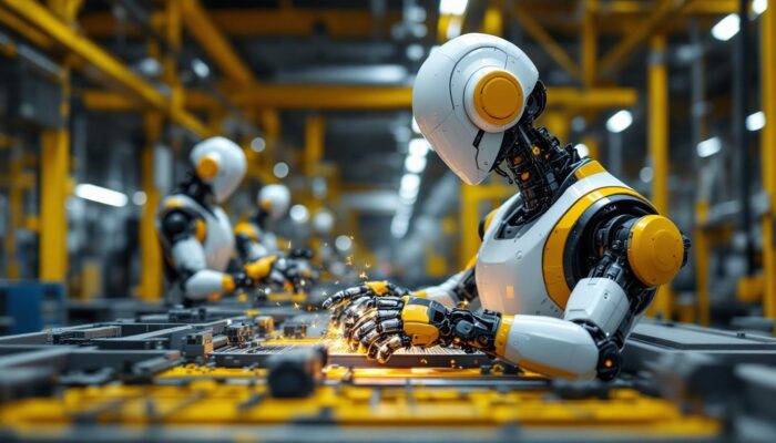 A photograph of a modern industrial robot in action