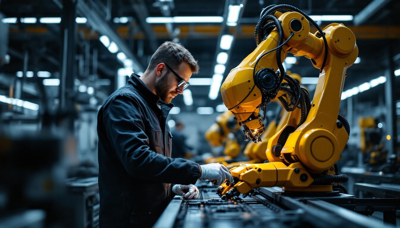 A photograph of a skilled industrial engineer working alongside advanced industrial robots in a modern manufacturing setting