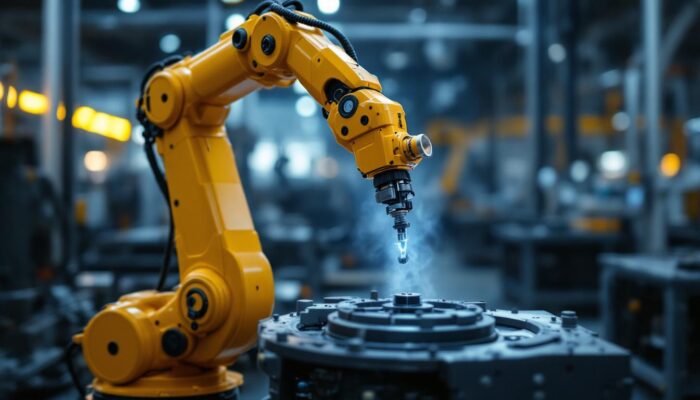 A photograph of a dyna tour pack industrial robot in action within a manufacturing environment