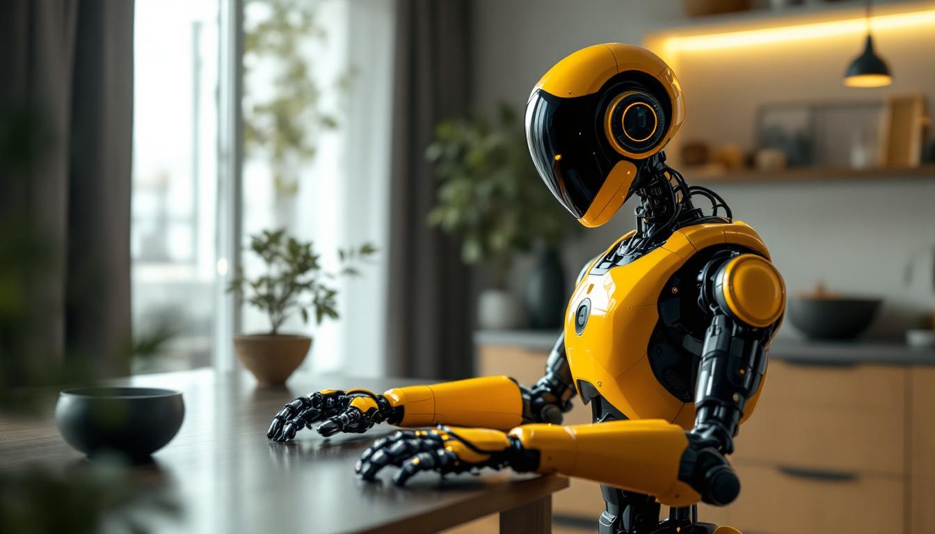 A photograph of a sleek industrial robot in action within a modern home setting