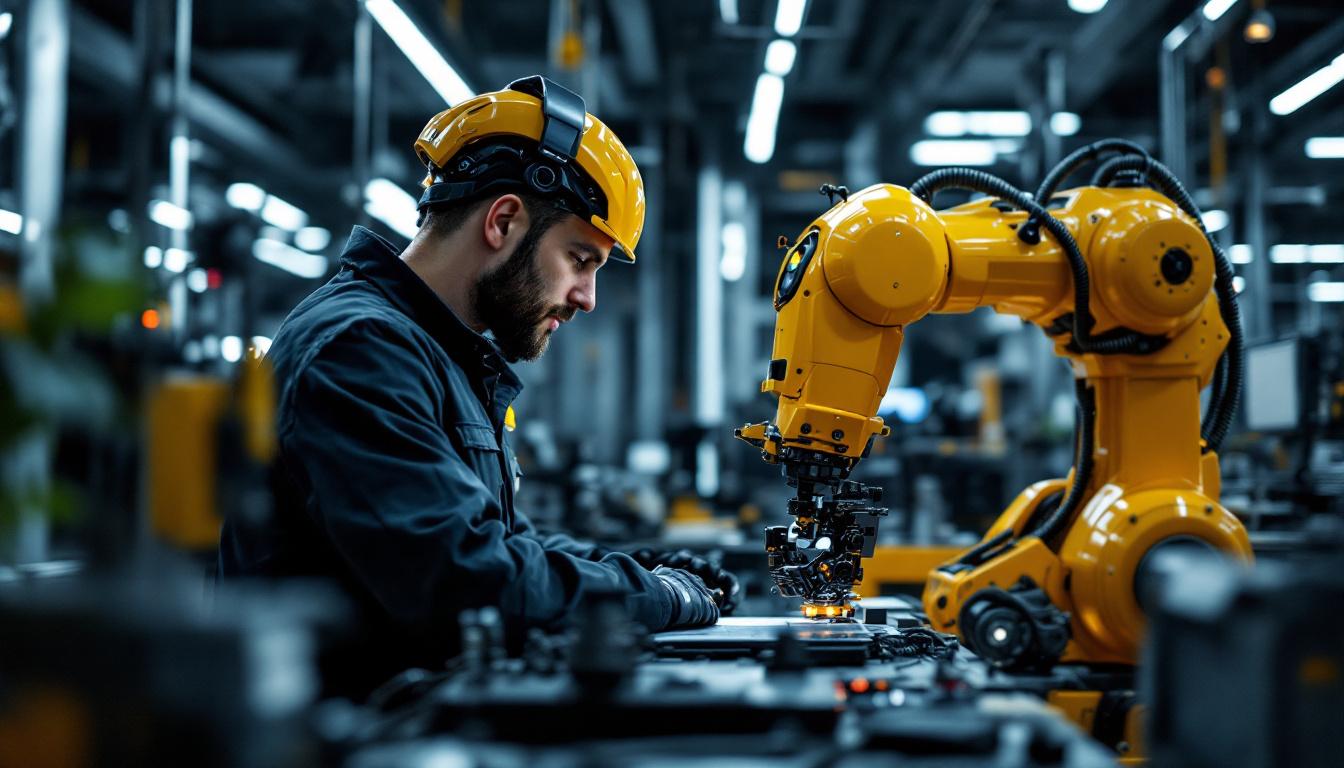 A photograph of a skilled technician programming or operating an industrial robot in a modern workspace