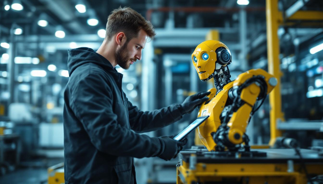 A photograph of a skilled technician programming or operating an industrial robot in a modern manufacturing environment