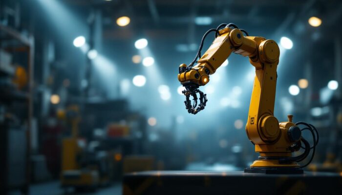 A photograph of a sleek industrial robotic arm in action
