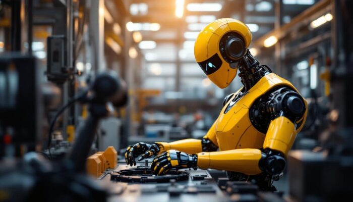 A photograph of a sleek industrial robot in action within a manufacturing environment