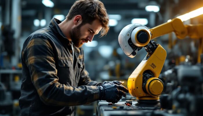 A photograph of a skilled apprentice working hands-on with an industrial robot in a modern workshop setting