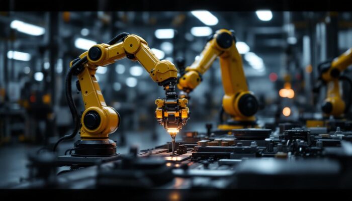 A photograph of a small robotic arm in action within an industrial setting