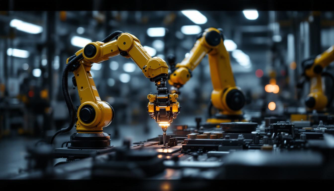 A photograph of a small robotic arm in action within an industrial setting