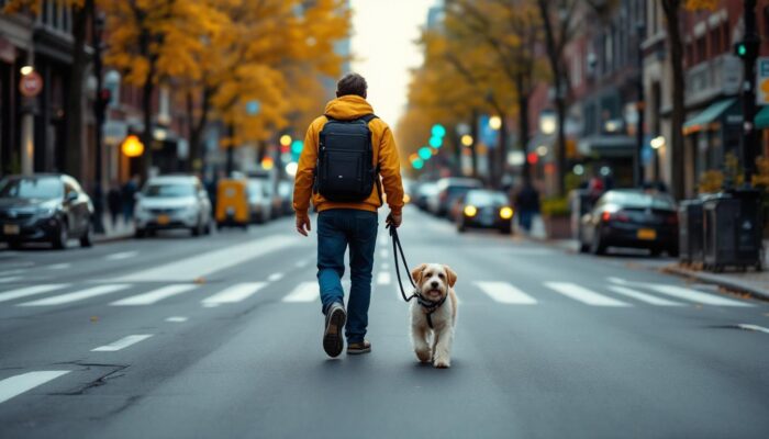 A photograph of a dog walker navigating a bustling boston street
