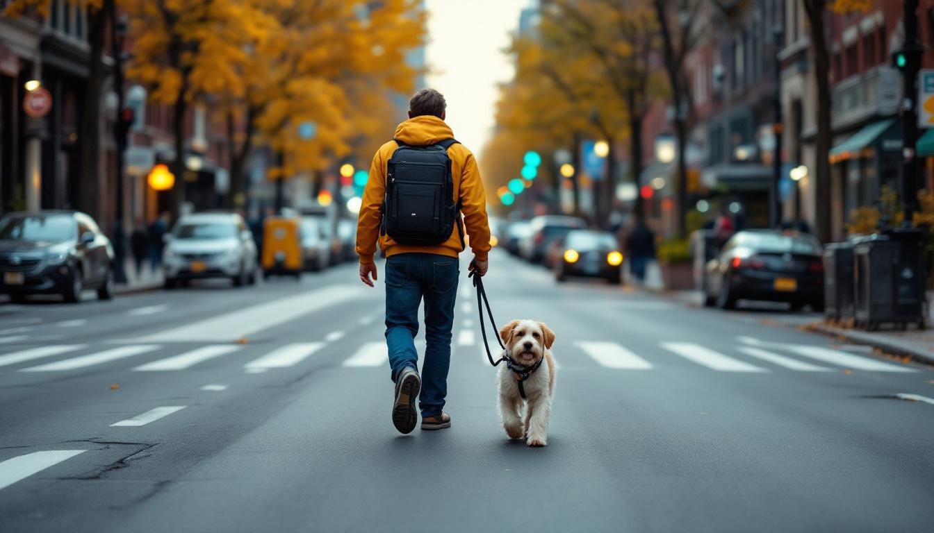 A photograph of a dog walker navigating a bustling boston street