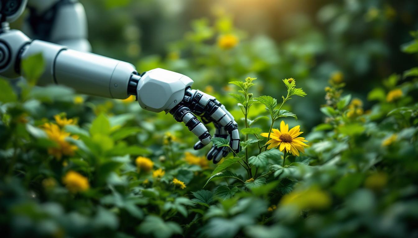 A photograph of a close-up shot of a robotic arm interacting with various plants