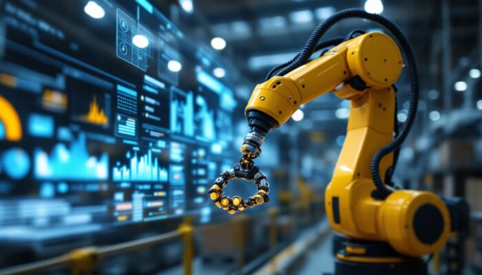 A photograph of a sleek industrial robotic arm in action within a modern warehouse setting