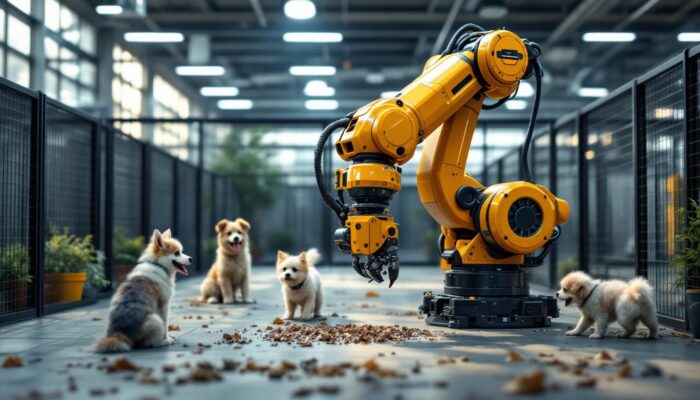 A photograph of a robust industrial robotic arm in action