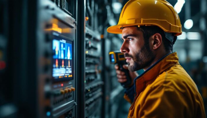 A photograph of a skilled technician using an infrared camera to inspect electrical equipment in an industrial setting