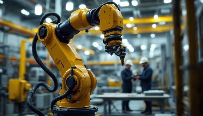 A photograph of capture a photograph of a modern industrial robotic arm in action within a pioneer natural resources facility