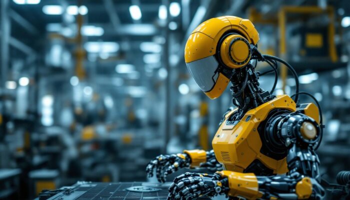 A photograph of capture a photograph of a modern industrial robot in action within a massachusetts manufacturing facility