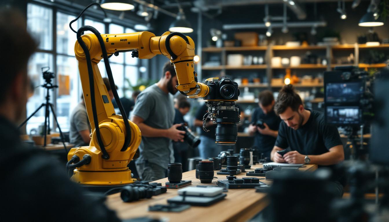 A photograph of a dynamic scene inside a camera store in boston