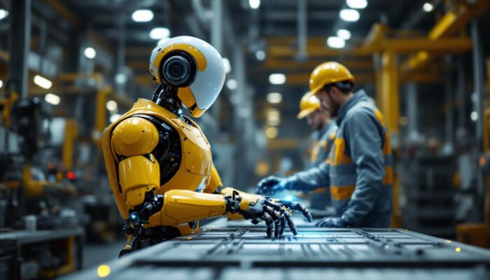 A photograph of a humanoid robot interacting with human workers in an industrial setting