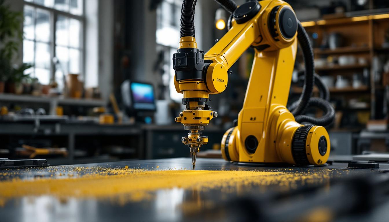 A photograph of a sleek industrial robotic arm in action
