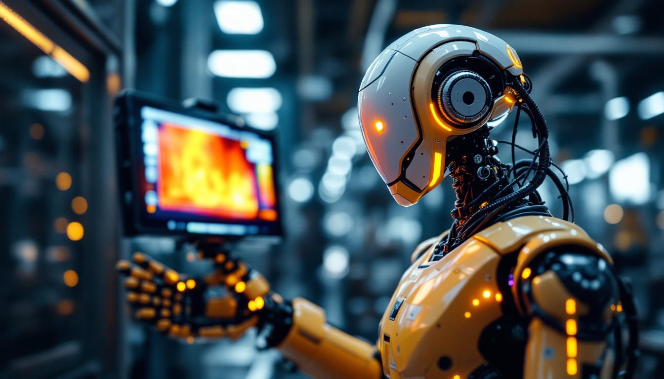 A photograph of a high-tech industrial robot equipped with a thermal imaging camera in action