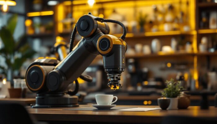 A photograph of a sleek industrial robotic arm in action at a costa coffee location