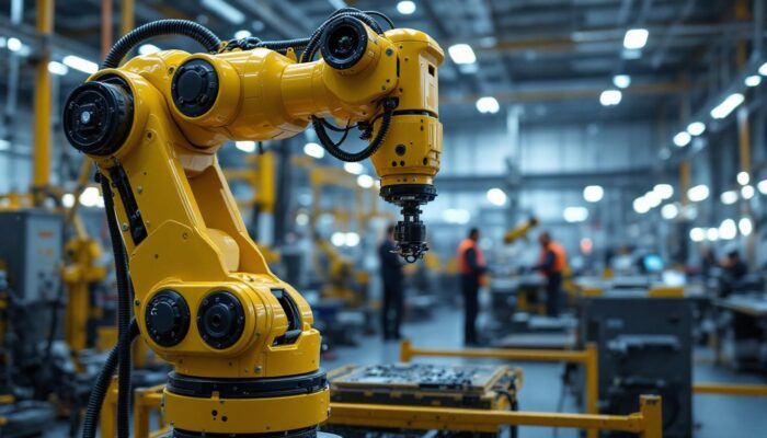 A photograph of a sleek industrial robotic arm in action