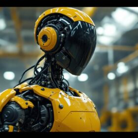 A photograph of a lifelike animatronic robot in action within an industrial setting
