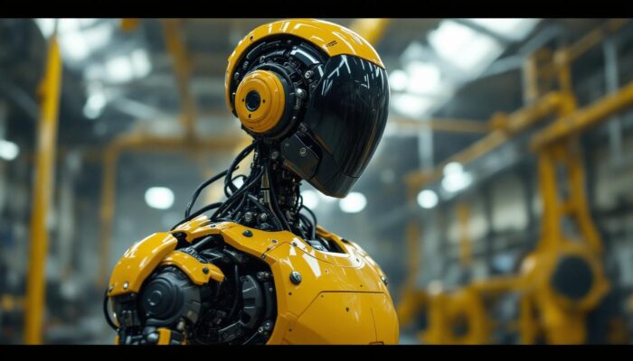 A photograph of a lifelike animatronic robot in action within an industrial setting