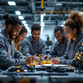 A photograph of a dynamic industrial robotics workspace