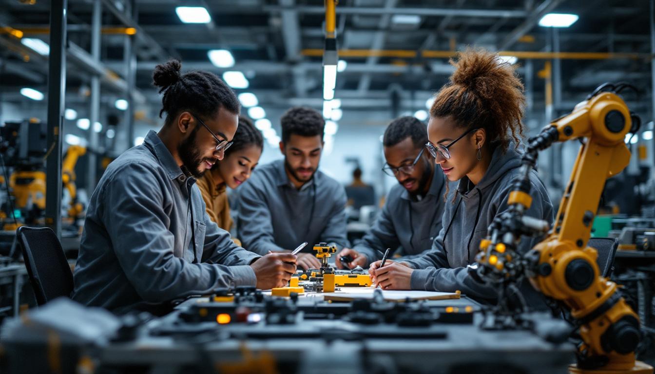 A photograph of a dynamic industrial robotics workspace