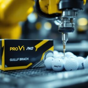 A photograph of a close-up shot of a sleeve of pro v1 golf balls alongside an industrial robotic arm in action